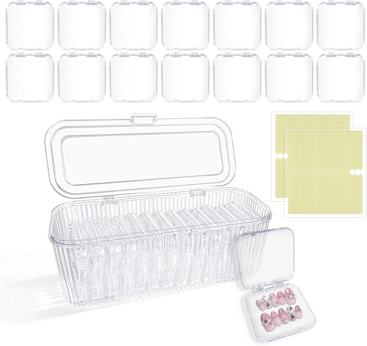 14 sets Press-On Nail Organizer, Clear Press On Nail Opbergdozen +1 grote opbergdoos met 60 stuks zelfklevende dubbelzijdige tape, nep nagel display verpakking doos