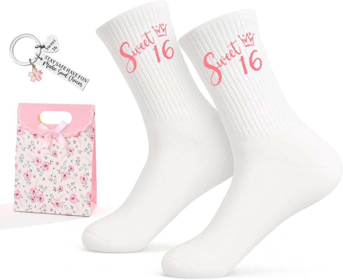 Cadeaus voor meisjes van 16 jaar oud - Sweet 16 sokken 36-42 met sleutelhanger en geschenkzakjes, 16e verjaardag meisjessokken, voor sport, vrije tijd