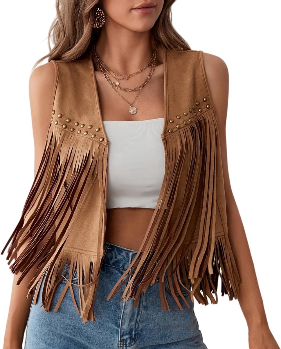 Damesvest met kwastjes op de taille, mouwloos vest van synthetisch suède, franjes en klinknagels, jaren '70-look, losse casual jas zonder franjes, retro hippie-outfit voor countryconcerten
