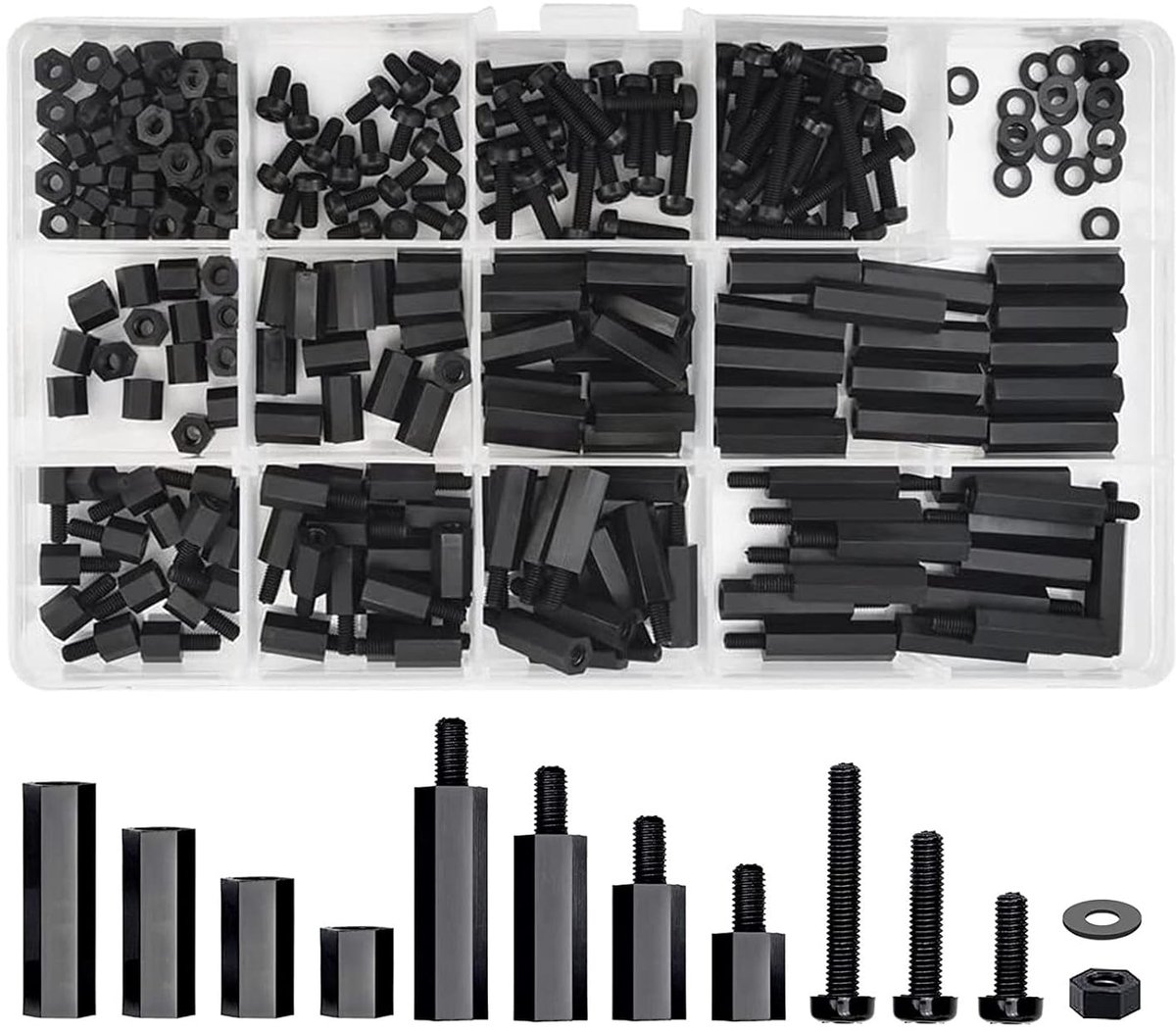 260 stuks moeren en bouten diverse set afstandsschroeven moer diverse assortimentskit in plastic doos zwart M3 schroefdraadafstandhouder voor printplaat DIY gebruik