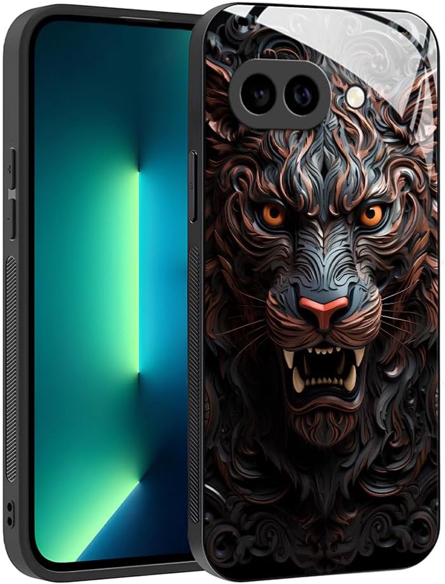 Slanke Hoes voor Google Pixel 10a - Abstract Geometrisch Patroon Design Anti-kras Glazen Achterkant Cover, Anti-slip Schokbestendige Bumper Hoes (Tijger)