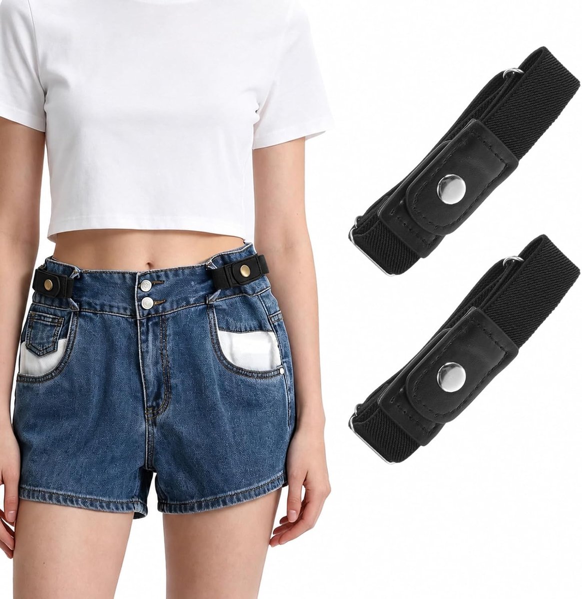 2 stuks korte riem zonder gesp voor dames, onzichtbare riem, vervangende elastische riem voor jeans, broeken en rokken, beige, eenheidsmaat