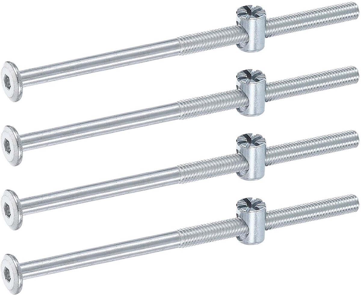4 stuks bedframeschroeven, M6 x 120 mm, zeskantschroef met binnendraad, vatmoeren, stapelbed, schroeven, meubelschroeven met rijstkop, vatmoer, voor stoelen, kinderbedden, zilver