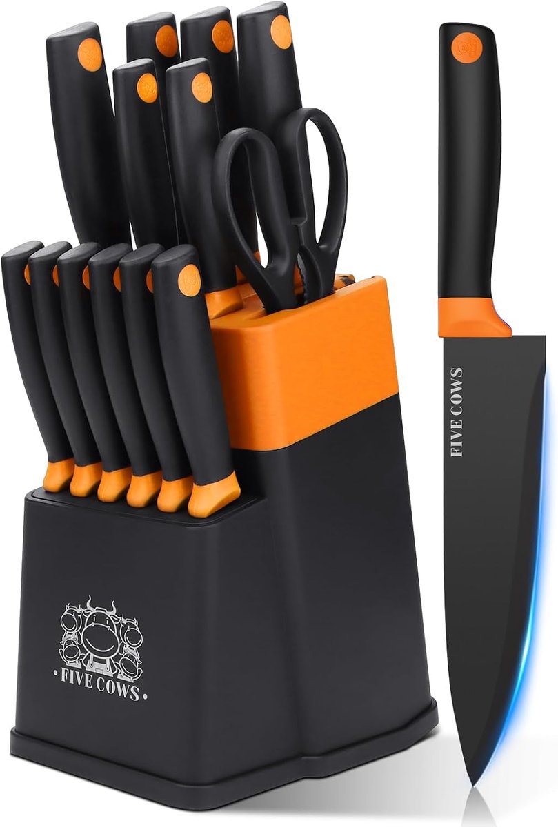 Messenblokset 14-delig - Zelf-slijpend messenblok - Zwarte coating - Perfect voor de keuken - SnelShoppen