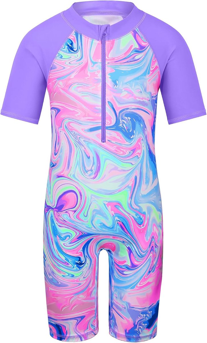 Badpak voor meisjes, 2-12 jaar, eendelig met uv-bescherming UPF50+, korte mouwen, ritssluiting aan de voorkant, kleurrijk printpatroon, ideaal voor zwemmen en strand