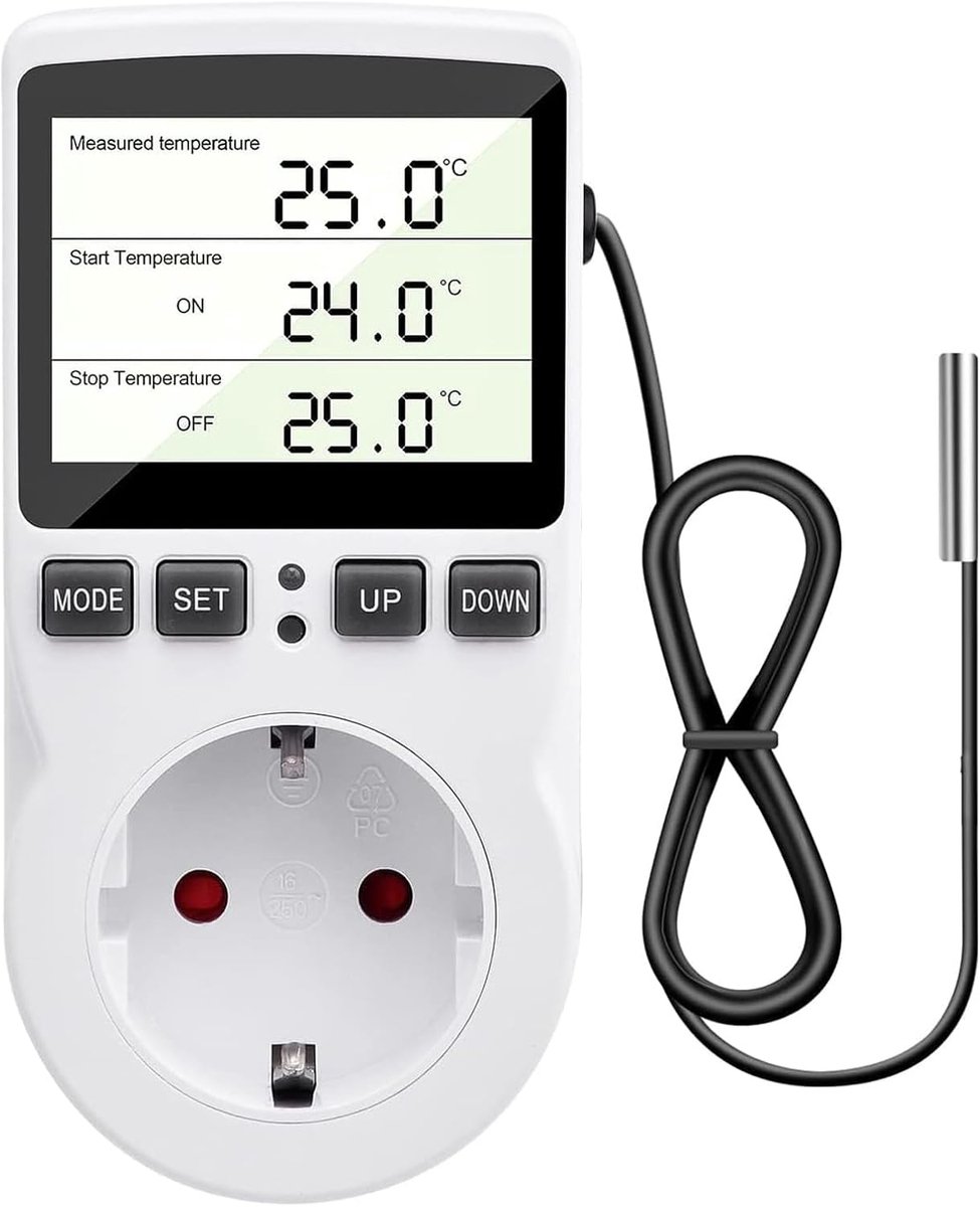 Thijox - Digitale Temperatuurregelaar Socket 230V met Sensor - Temperatuurschakelaar voor Kas, Aquarium, Koelkast, Verwarming en Koeling met LCD-displ
