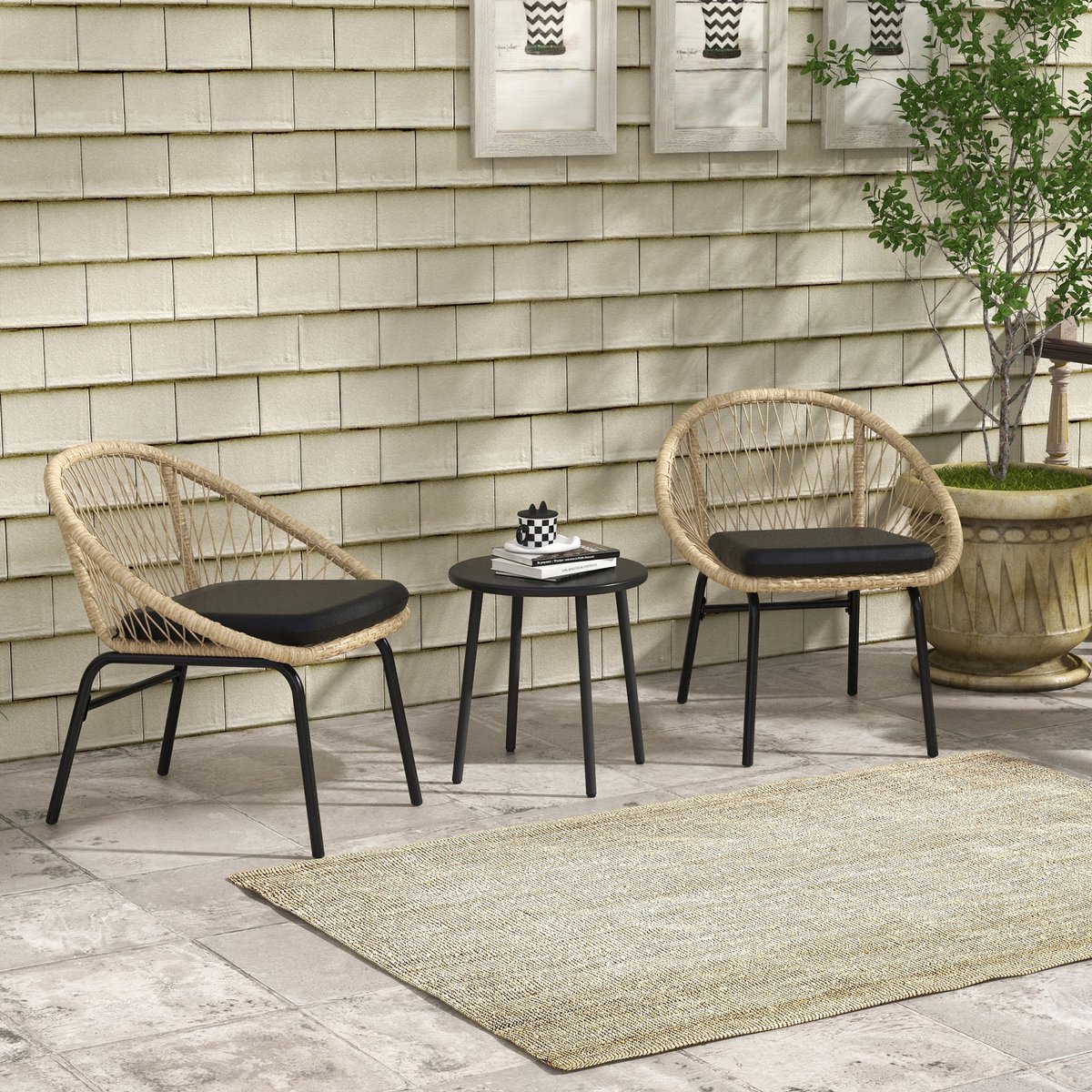 DESMIU Bistroset - Rotan 2-Zits - Met Kussens En Stalen Frame - Voor Balkon En Tuin - Rond Tafelblad - Geel