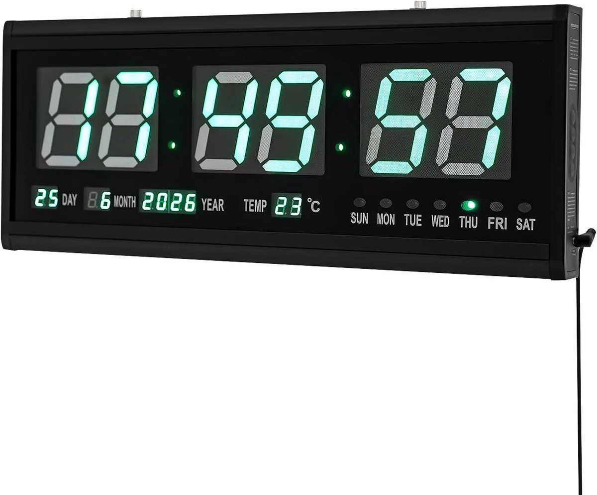 Wandklok digitaal 48 cm - groene LED-display - met datum, tijd en temperatuur - stil met automatische helderheid - SnelShoppen