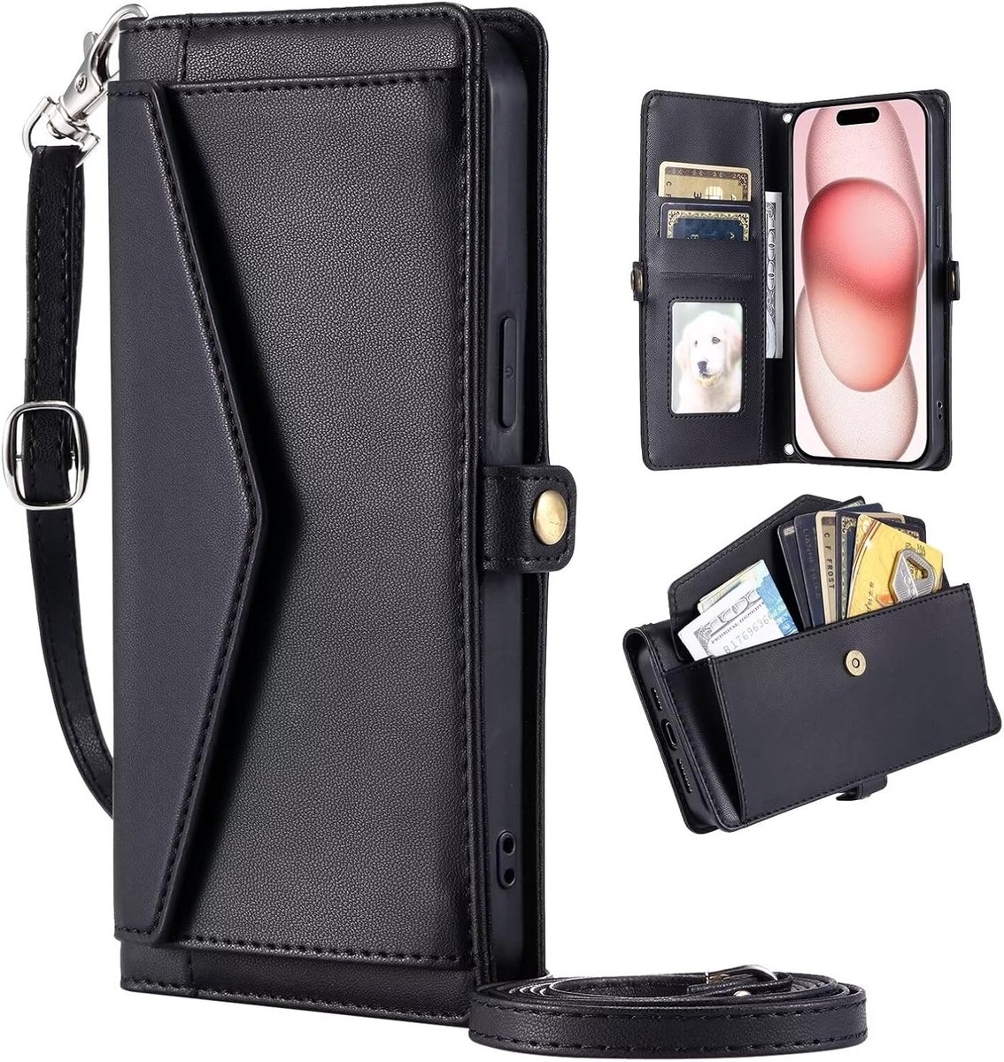 Portemonnee-hoesje voor Samsung Galaxy S25,magnetisch lederen klaphoesje met creditcardsleuven,metalen ring Beugel magnetische PU Lederen Telefoonhoesjes- Zwart