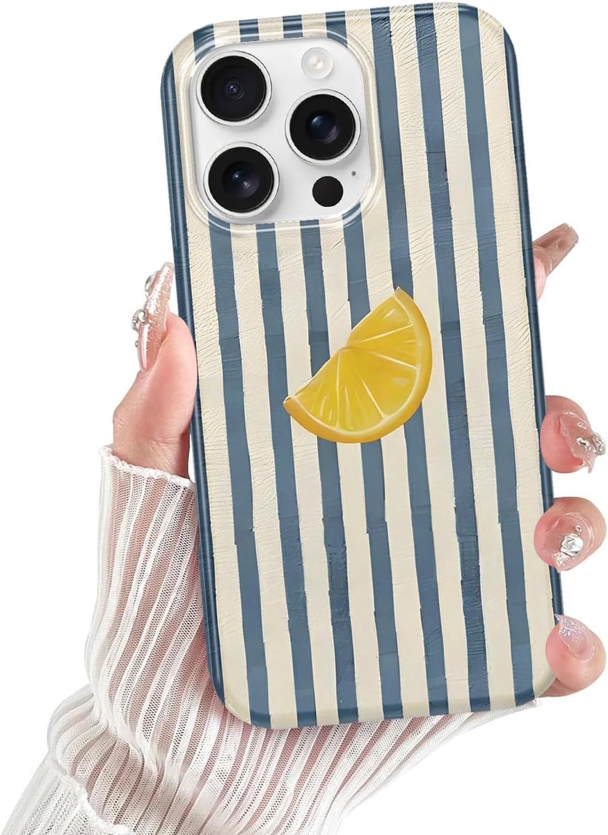 Hoes voor iPhone 15 Pro Max, zomer gestreept patroon esthetisch citroen collage hoes tekenen meisje hoes, zacht siliconen smal schokbestendige beschermhoes voor iPhone 15 Pro Max, blauwe