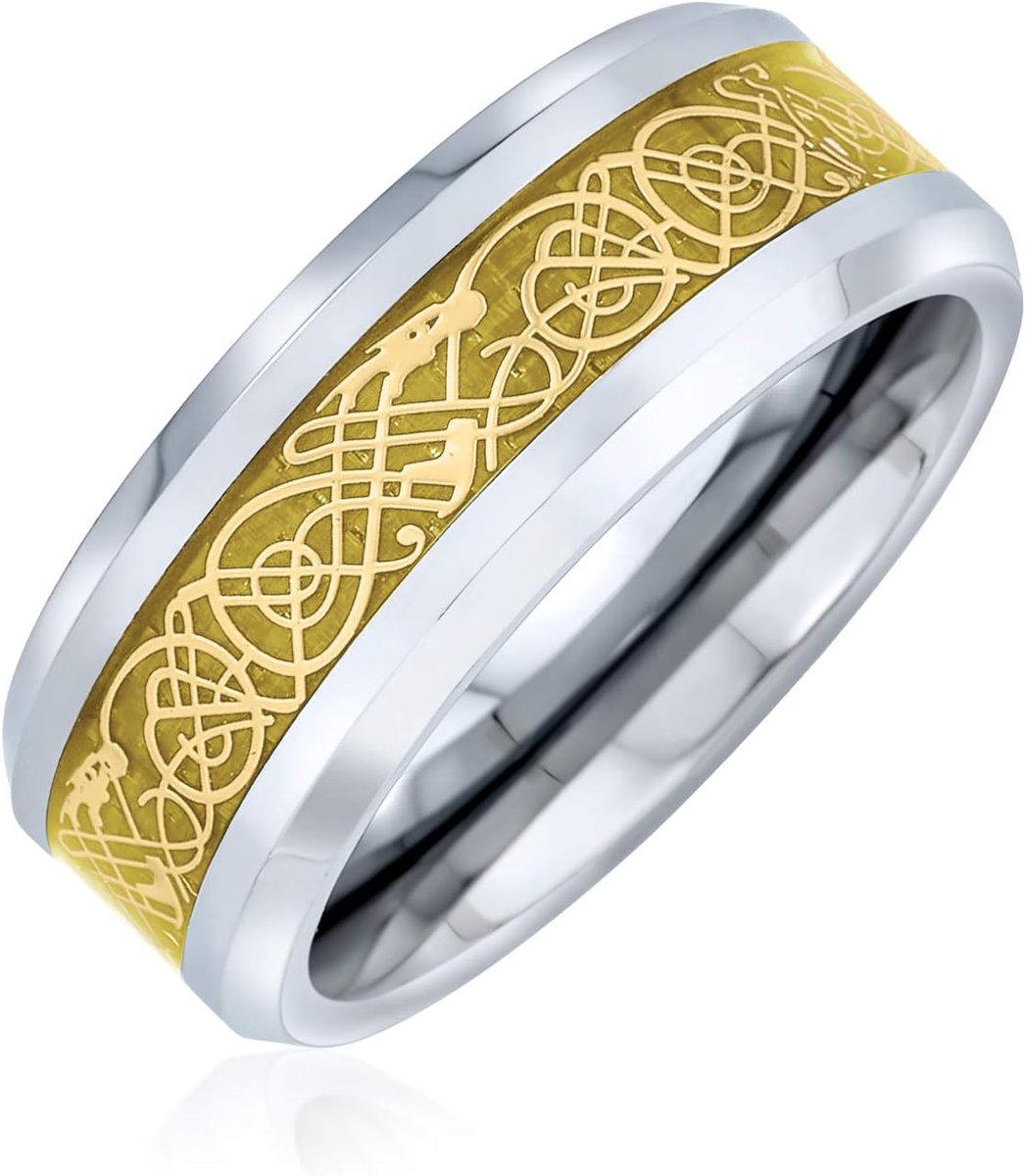 Tweekleurige Keltische knoop, draak, koolstofvezelinzet, paren, zilver, goudtinten, titanium trouwringen voor mannen voor vrouwen, comfortabele pasvorm, 8 mm breed, in blauw, zwart en