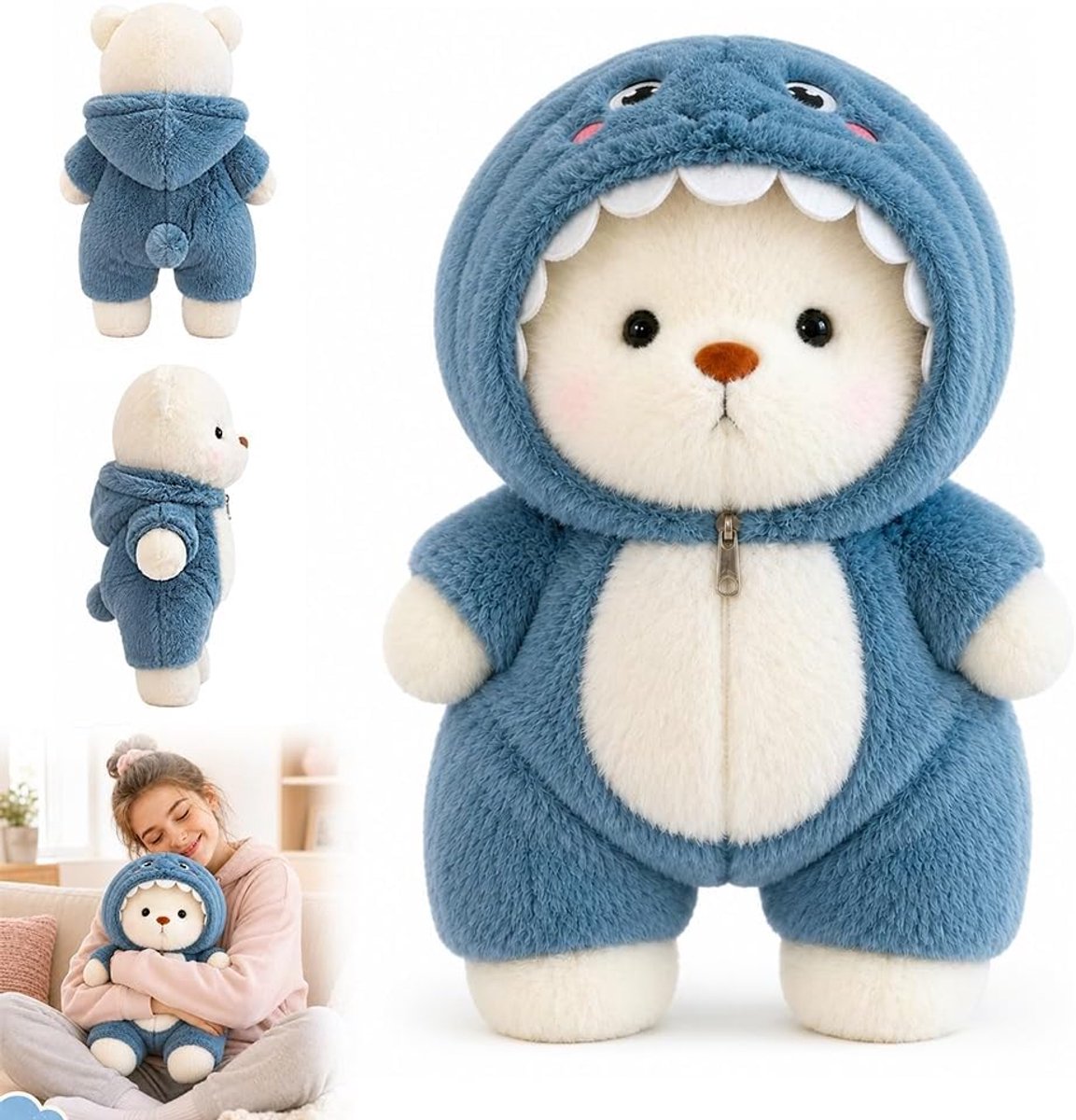 Teddybeer, pluche beer, 30 cm, schattige pluche beer, teddybeer met haaienkostuum voor verjaardag, Kerstmis, Valentijnsdag, blauw