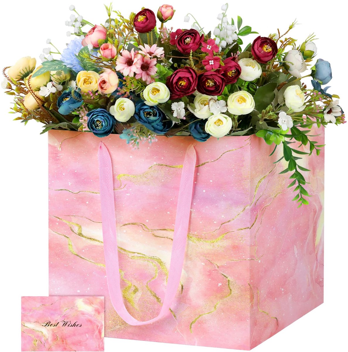 Cadeauzakken 30 cm vierkant marmer - roze papieren tassen met wenskaart - extra grote tas voor feestelijkheden - SnelShoppen