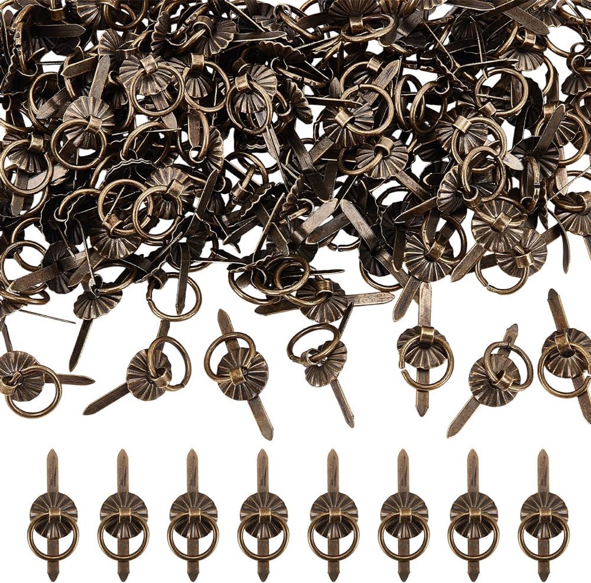 120 stuks antieke bronzen bevestigingselementen, ijzeren ronde kastgreep, trekknop met trekringen, mini-brads, kunsthandwerk, accessoires voor papier, handwerk, sieraden, armband