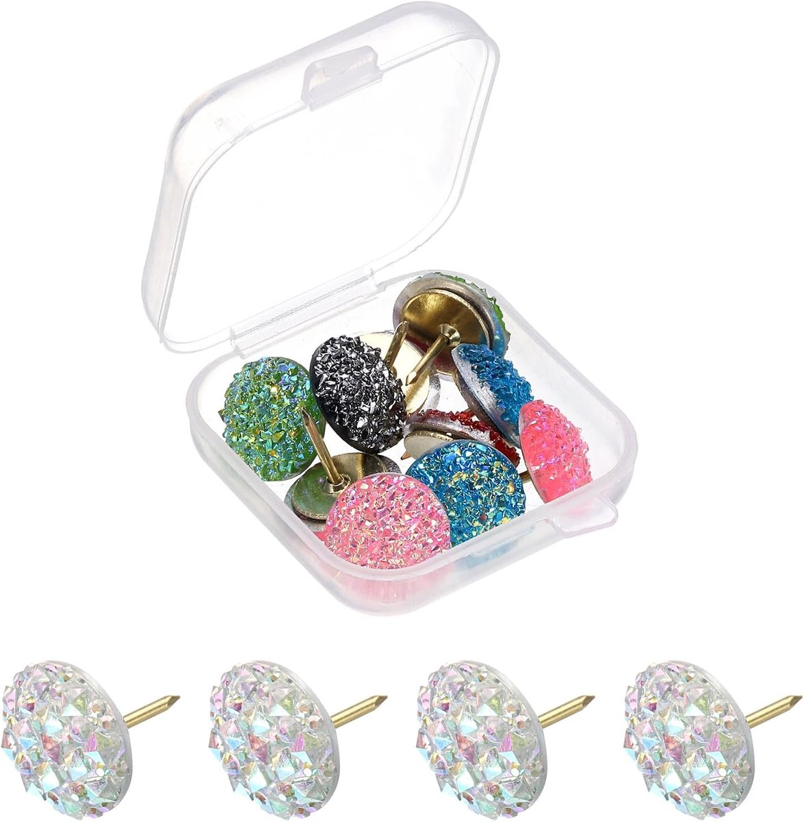 Punaises met kristallen, 12 mm x 13 mm, decoratieve punaises met glanzende diamanten voor prikborden van kurk om aan de muur te hangen, meerkleurig / goud