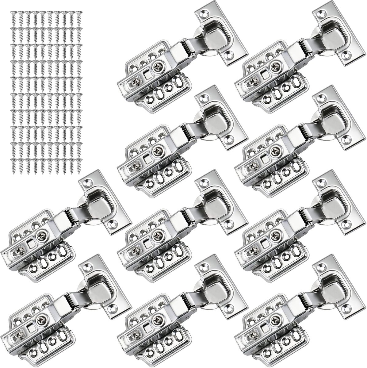 10 stuks 3D-inzetstukken, Soft Close Concealed Kastscharnier, verborgen frameloze deur, stop bij 45°-105°, zelfsluitend, roestvrij staal, roestvrij stalen ringen voor keuken, cupboard (halve overlay)
