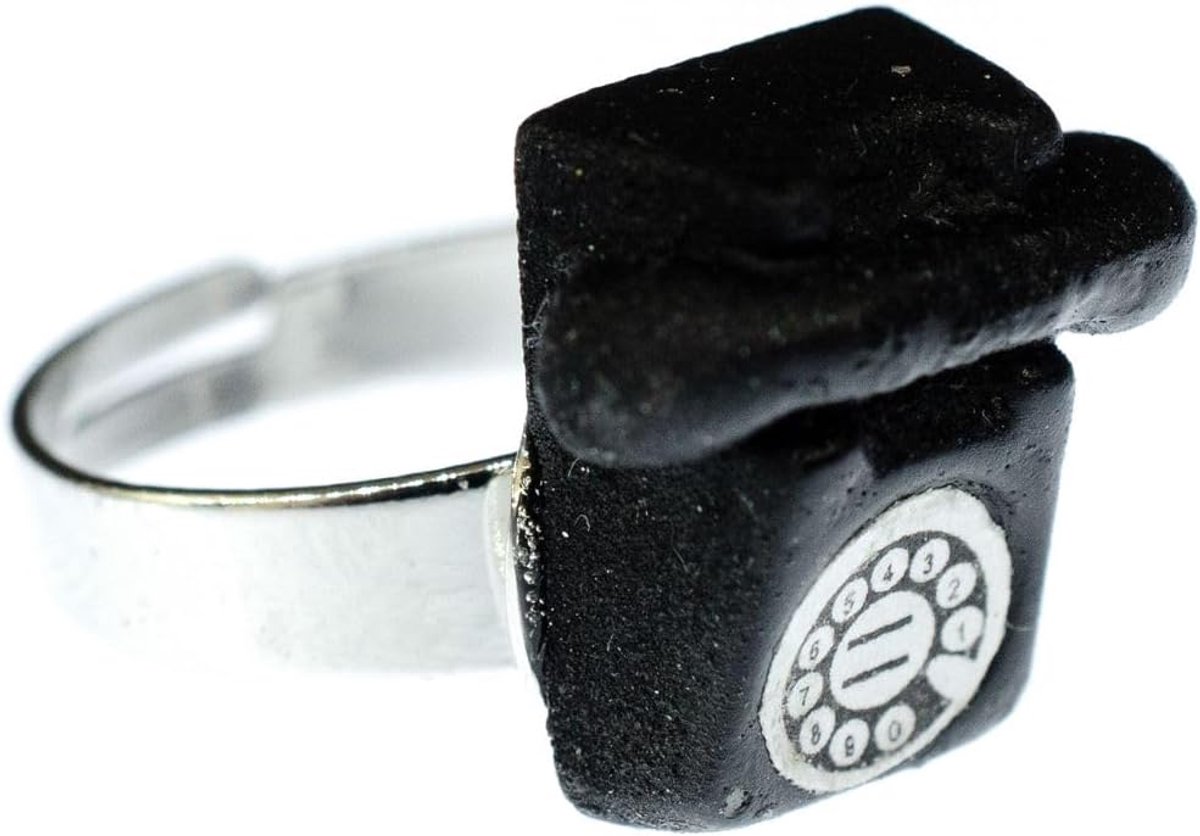 Telefoonring, vingerring, handgemaakt, keuze uit nostalgie, retro, zwart, handgemaakt modesieraad, vingerring met motief, verstelbaar, één maat, 16 mm, kunsthars