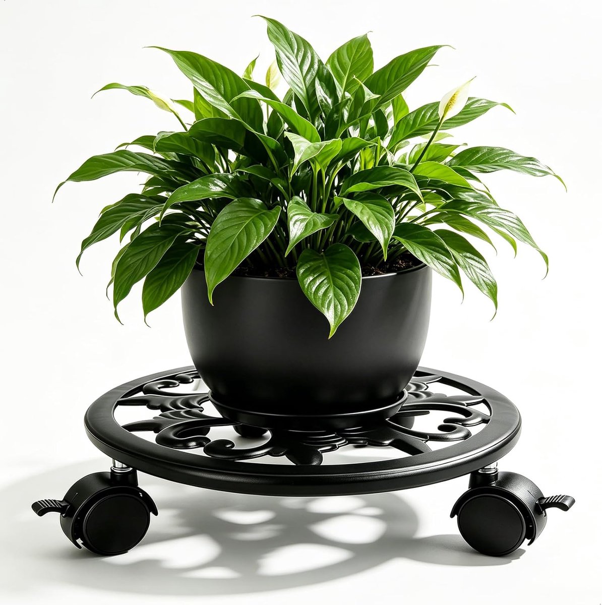 rond, plantenonderzetter met wieltjes, plantenrolplank van metaal, bloempot onderzetter met zwenkwielen voor binnen en buiten, 22 cm, zwart