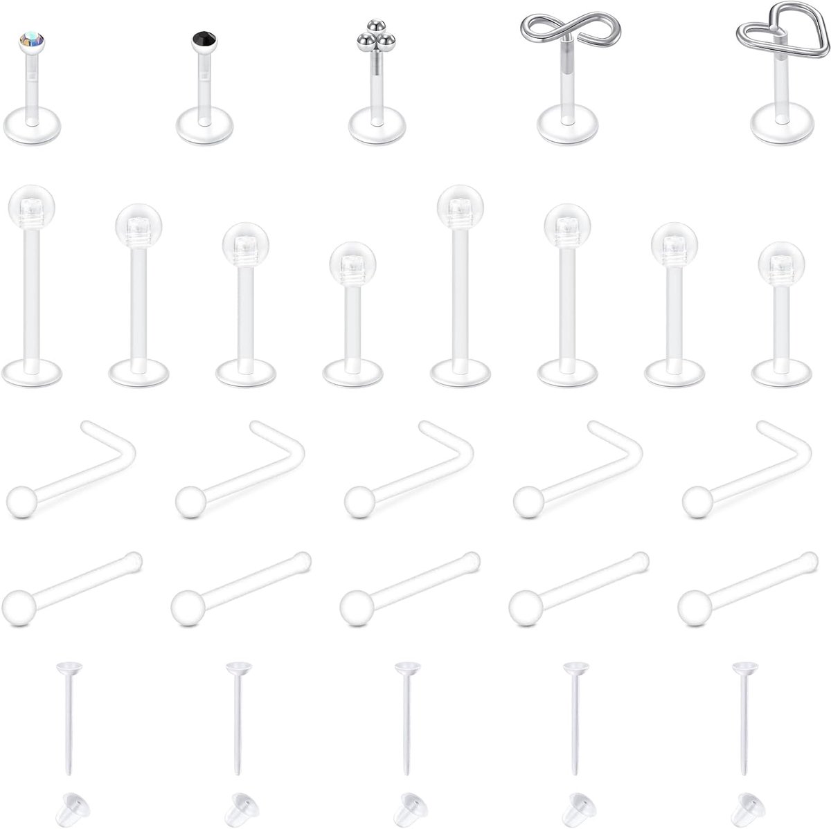 Clear Body Piercing Kit Plastic Neus Ringen Navel Bars Lip Labret Wenkbrauw Tong Ringen Voor Vrouwen Neus Stud Clear Tragus Helix Oorbel Piercing