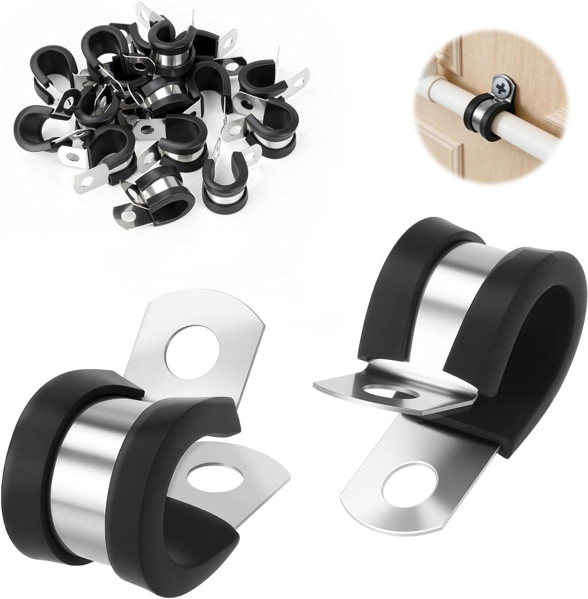 25 stuks buisklemmen met rubberen inzetstuk, 12 mm, buisklemmen, roestvrij staal 304, buisklem, kabelklem, rubber, P-clips, kabelklemmen, metaal, P-klemmen, slangklemmen voor kabel, slang
