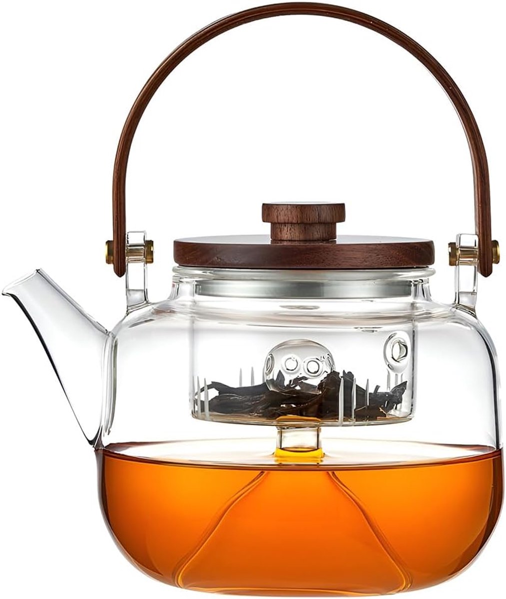theepot met zeef, 800 ml, theekoker voor losse bloeiende thee met houten deksel voor fornuis, elektrisch fornuis