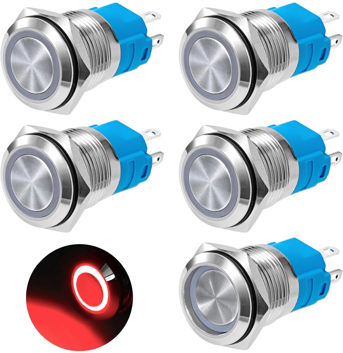 5 stuks zelfborgende drukknopschakelaar, 16 mm, toetsen, 12 V-24 V, 3 A, waterdichte drukknopschakelaar van verchroomd messing met rood ledlicht