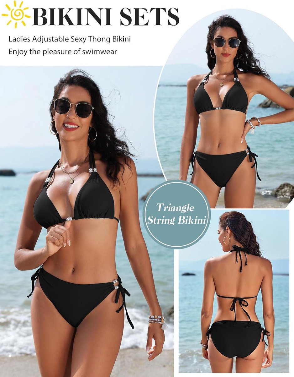 Bikini-set voor dames, haltertop, triangel-bikinitop en bikinibroek, met trekkoord, hoge taille, effen, 2-delig, sexy strand
