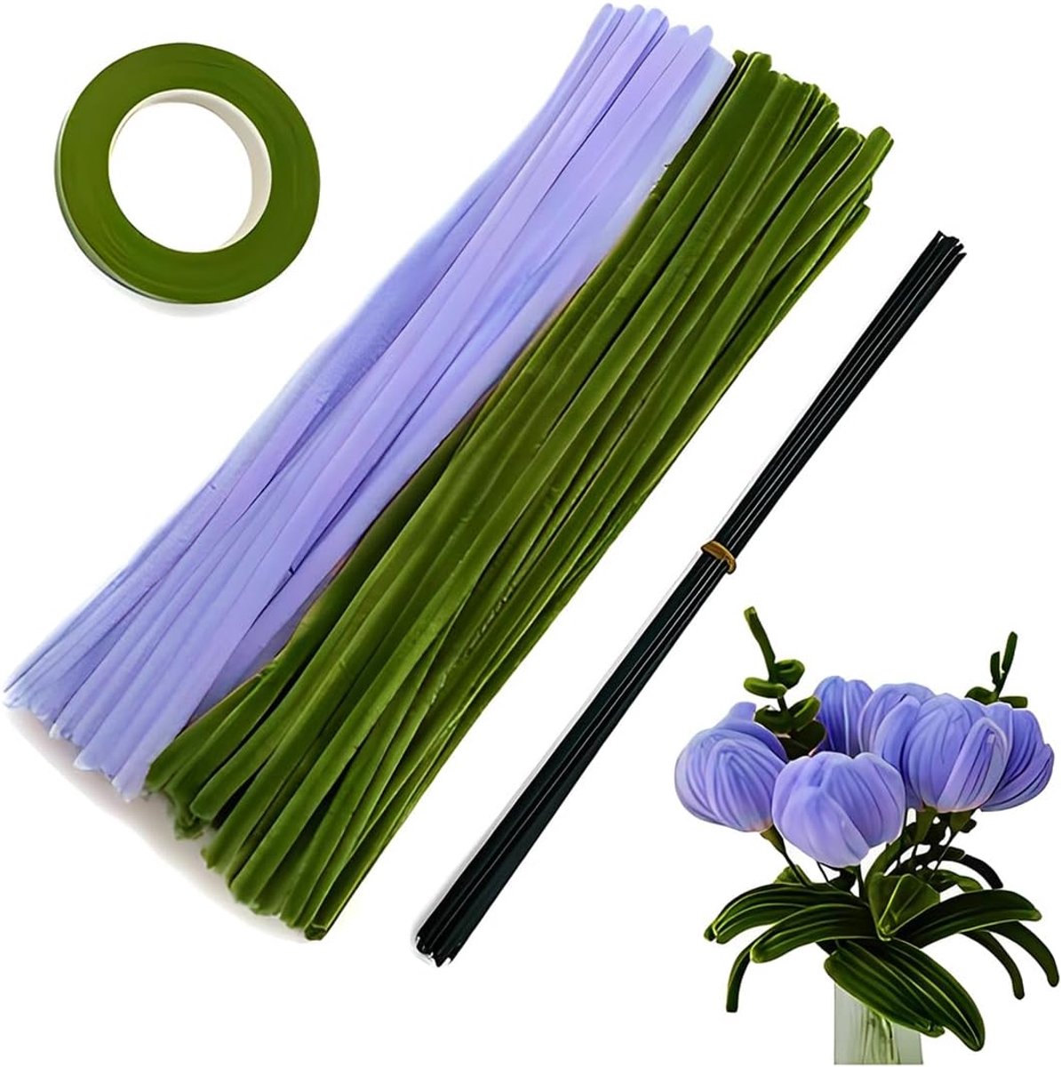 200 stuks pijpenreinigers bloemen, creatieve set met groene knutseldraad, donkergroene pijpen om te knutselen