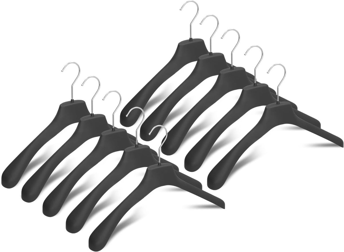Kledinghangers met rubberen coating voor jassen, sweatshirts, jassen, zware jurken, kunststof kledinghangers, robuust en antislip, gemaakt in Italië, set van 10 stuks (zwart met verzinkte