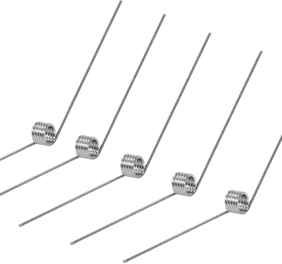 10 stuks roestvrijstalen draaiveren, draaddiameter 0,4 mm, binnendiameter 2 mm, armlengte 20 mm, hoek 135 graden, 5 omwentelingen, recht 0,4 x 2 x 20 mm