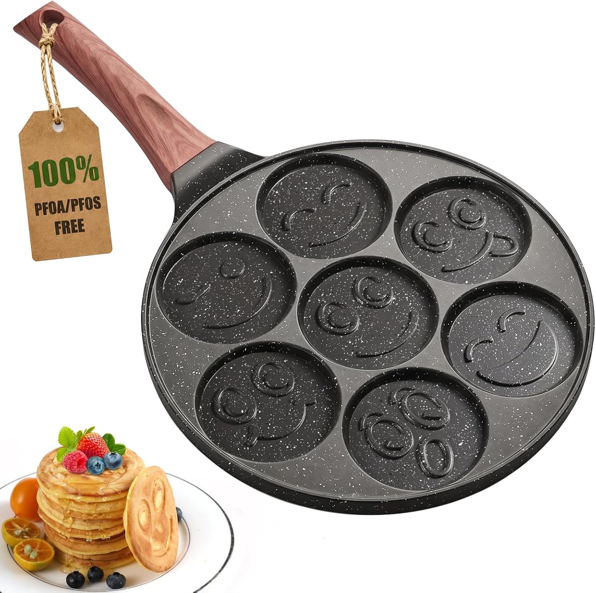 7-Gats Pannenkoekenpan – Graniet Smiley Ontbijtpan Voor Inductie | Plezier Voor Kinderen Bij Het Ontbijt, Hoogwaardige Antiaanbaklaag, PFOA-Vrij, Geschikt Voor Alle Hobs