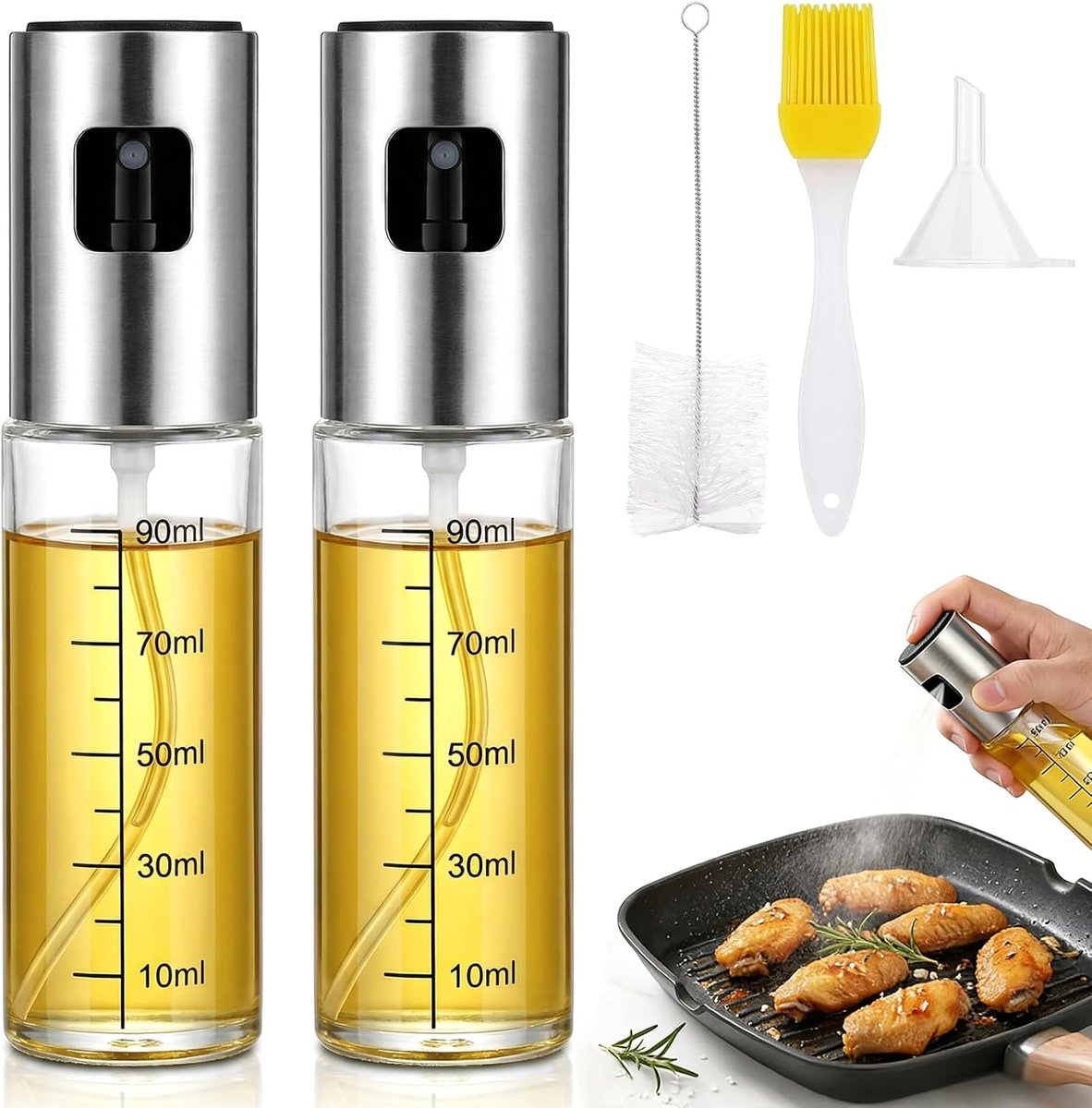 Oliesproeier voor voedingsolieset, 100 ml glazen oliesproeifles met trechter, reinigingsborstel en siliconen borstel, fijne neveloliespray voor airfryer, BBQ, bakken, salade (2)