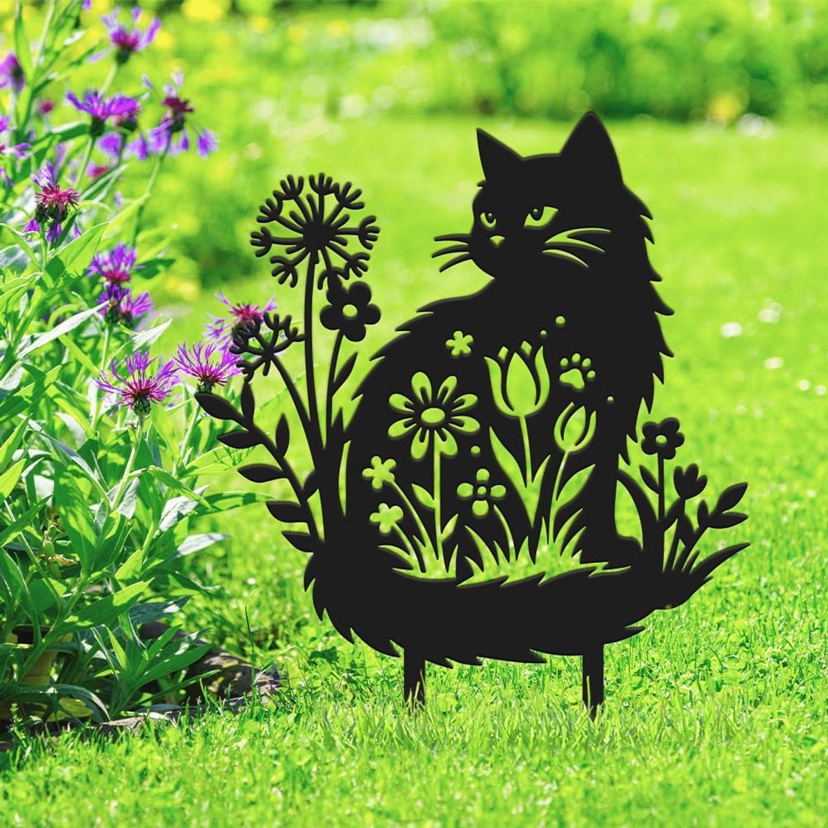 Metalen kitten tuin spel zwart ijzeren kat silhouet bloem kunst decoratieve tuin gazon patio pot plant accent 26,5 x 35 cm