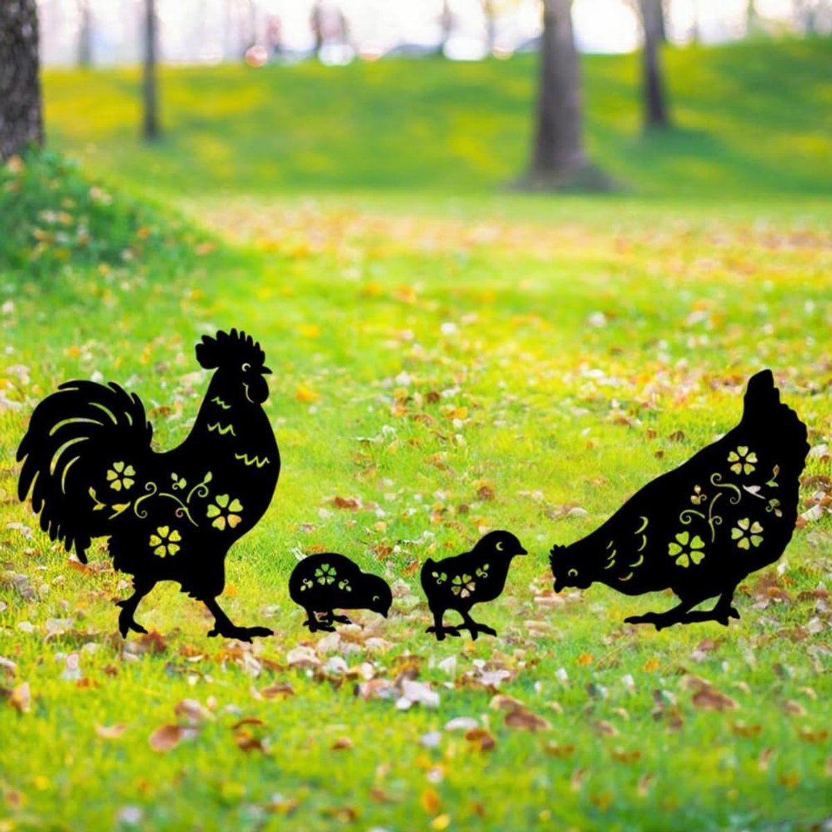 Kip decor voor buiten, 4 stuks zwarte kip silhouet standbeelden tuin decor voor buiten, buiten decor, tuin kunst, gazon ornamenten, geschenken (vier zwarte kip)