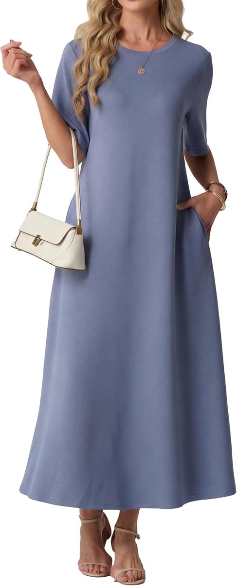 Zomerjurk voor dames, ronde hals, maxi-jurk met zakken, korte mouwen, casual, A-lijn, vrijetijdsjurk, lange losse jurk
