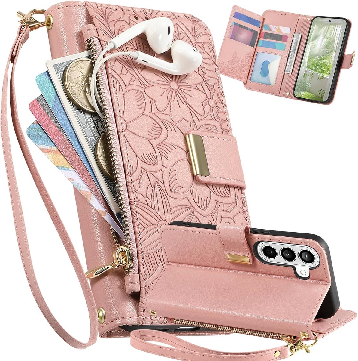 Hoesje voor Samsung Galaxy A37 met Polsband HYY Roze | Dames bloem reliëf PU Leather Klaphoesje met Standaard en Rits kaartsleuf, Schokbestendige Beschermhoes voor Galaxy A37