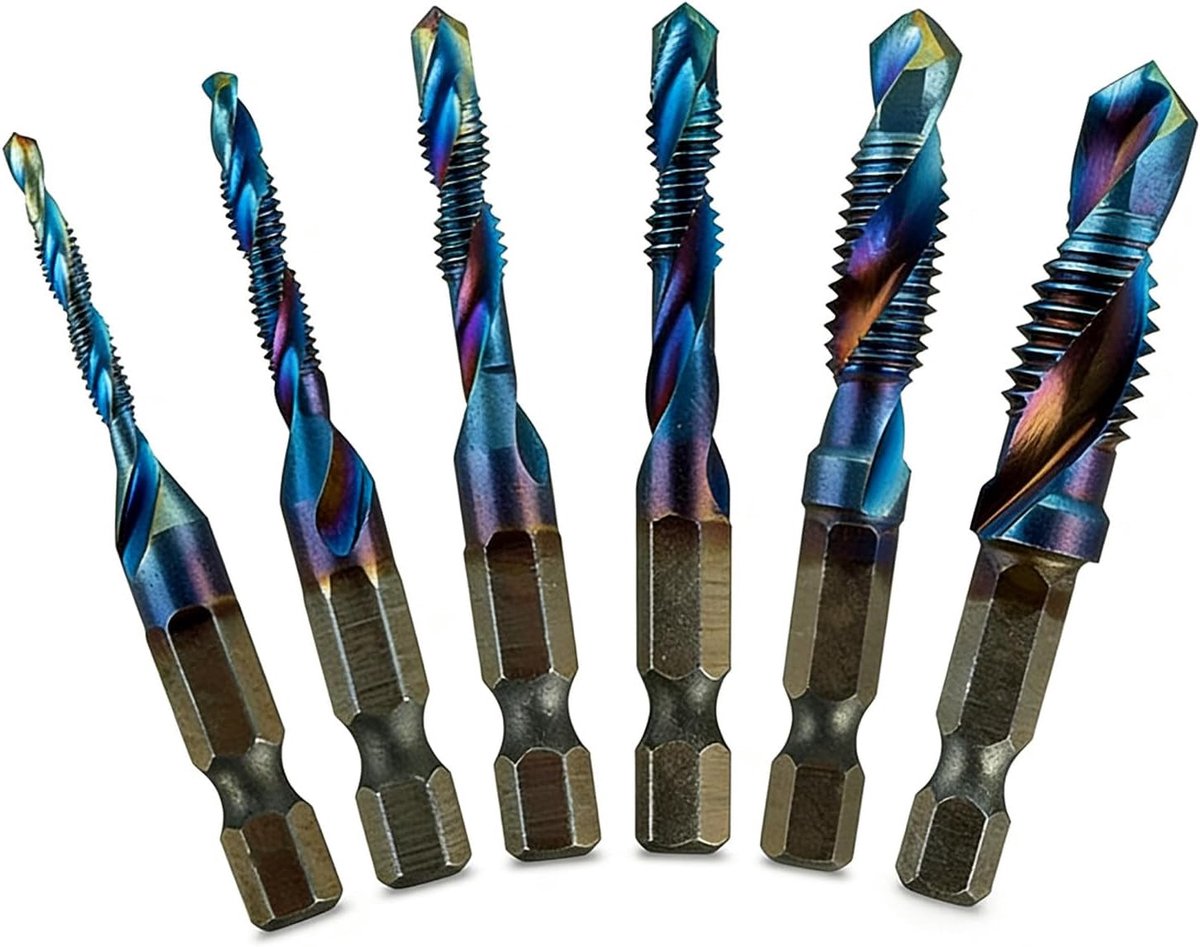 6 stuks combi-schroefdraadsnijbitset M3, M4, M5, M6, M8, M10, handmatige schroefdraadboor met 6,35 mm voor accuschroevendraaier, HSS handschroefdraadboor, machineschroefbitset