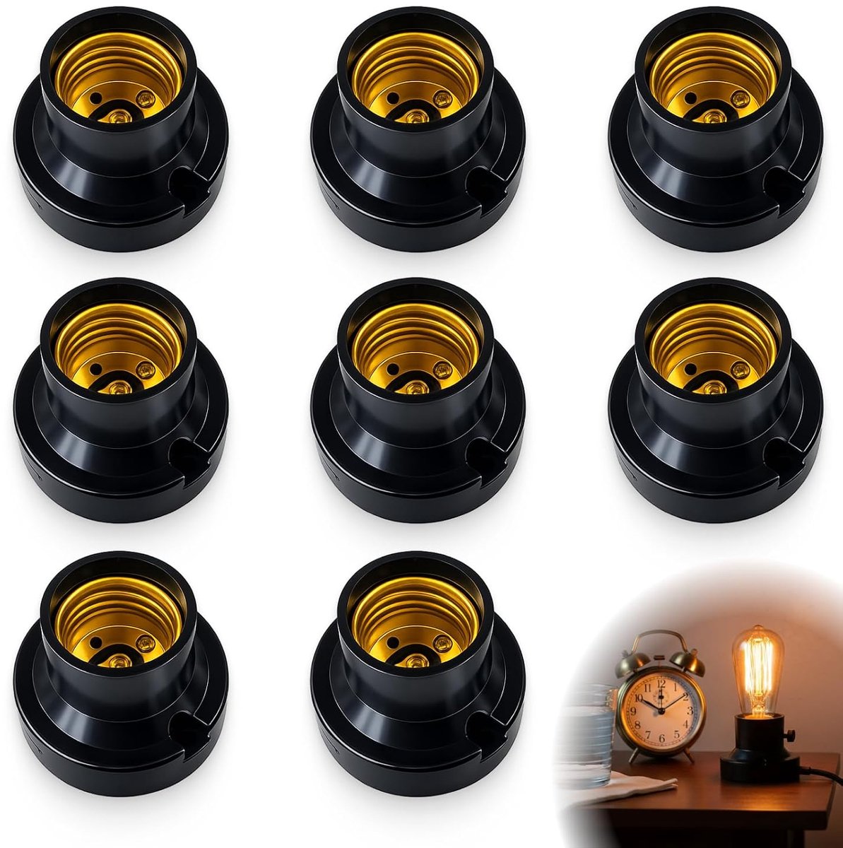 8 stuks E27-fitting, lampfitting E27, bouwfitting E27, universele lampfittingen, schroeffitting voor led- en gloeilampen, vintage lampvoet, zwart, doe-het-zelf verlichting