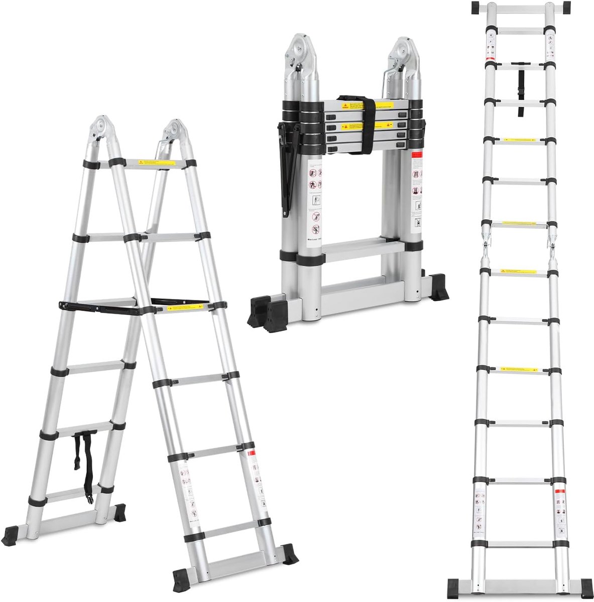 3,8 m (1,9 + 1,9 cm), M, aluminium telescopische ladder, inklapbaar, uittrekbare ladder met stabilisator, hoogwaardige vouwladder en opvouwbare aluminium ladder, belastbaar tot 150 kg
