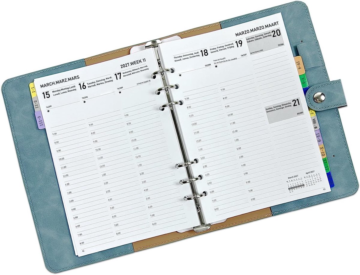 2027, weekoverzicht, A5, navulbaar, verticaal, 7-20 uur (januari - dece), 1 week op 2 pagina's met maandtabbladen, zachte omslag, planner voor kantoor, school, familie
