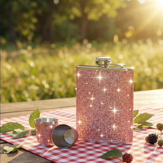 roestvrij staal, heupfles, roze glitter met trechter en 2 kleine kopjes, lekvrij, draagbaar, heupfles, roze geschenken voor vrouwen, voor reizen, outdoor, feest, camping, cadeau, 220 ml — afbeelding 4