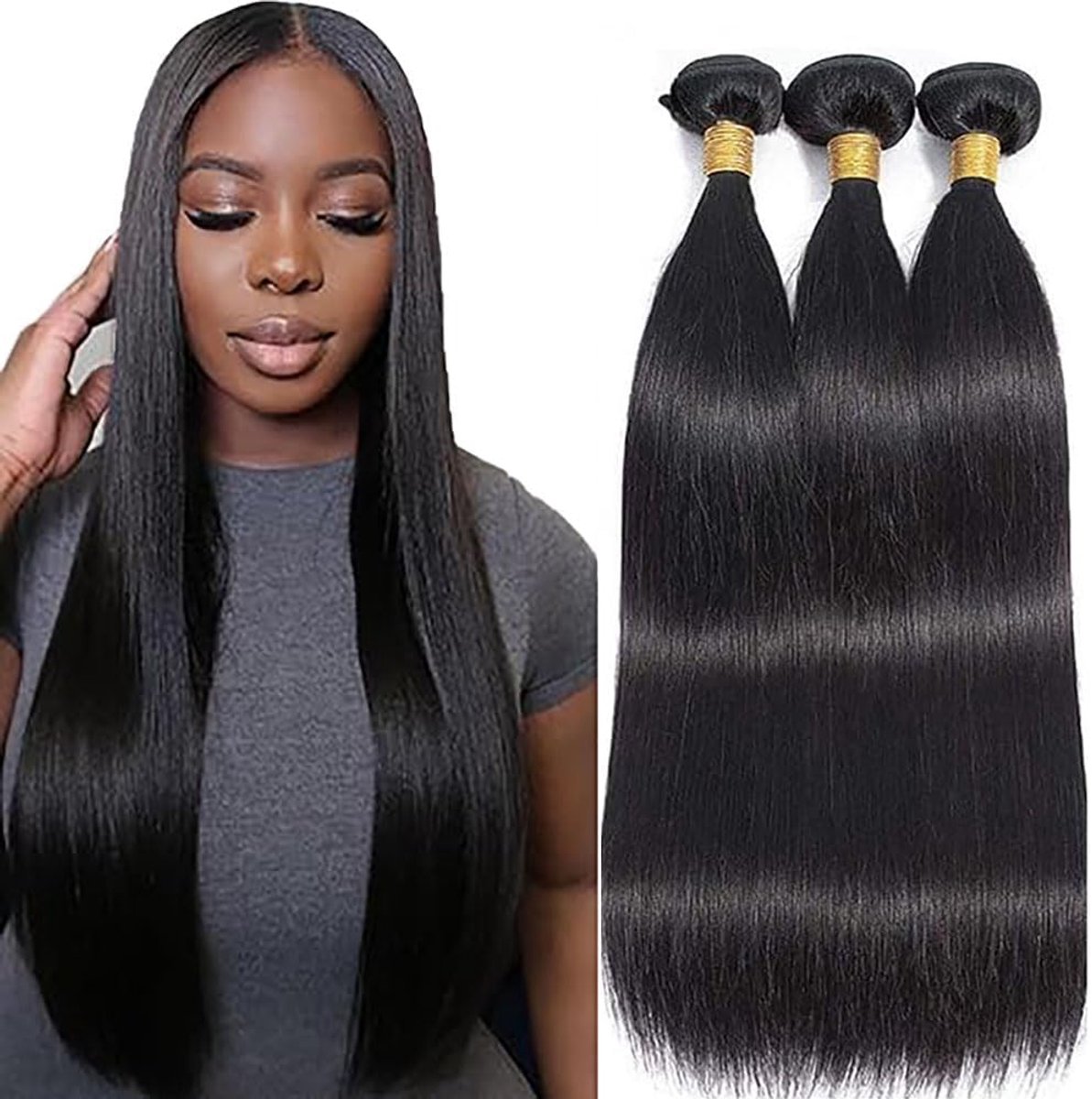 Hair Extensions Human Hair Bundles Straight Human Hair Bundles for Sew Natural Black Color Double Weft Extensions for Women Minimal Smell Low Tangle 18 20 22 Inch