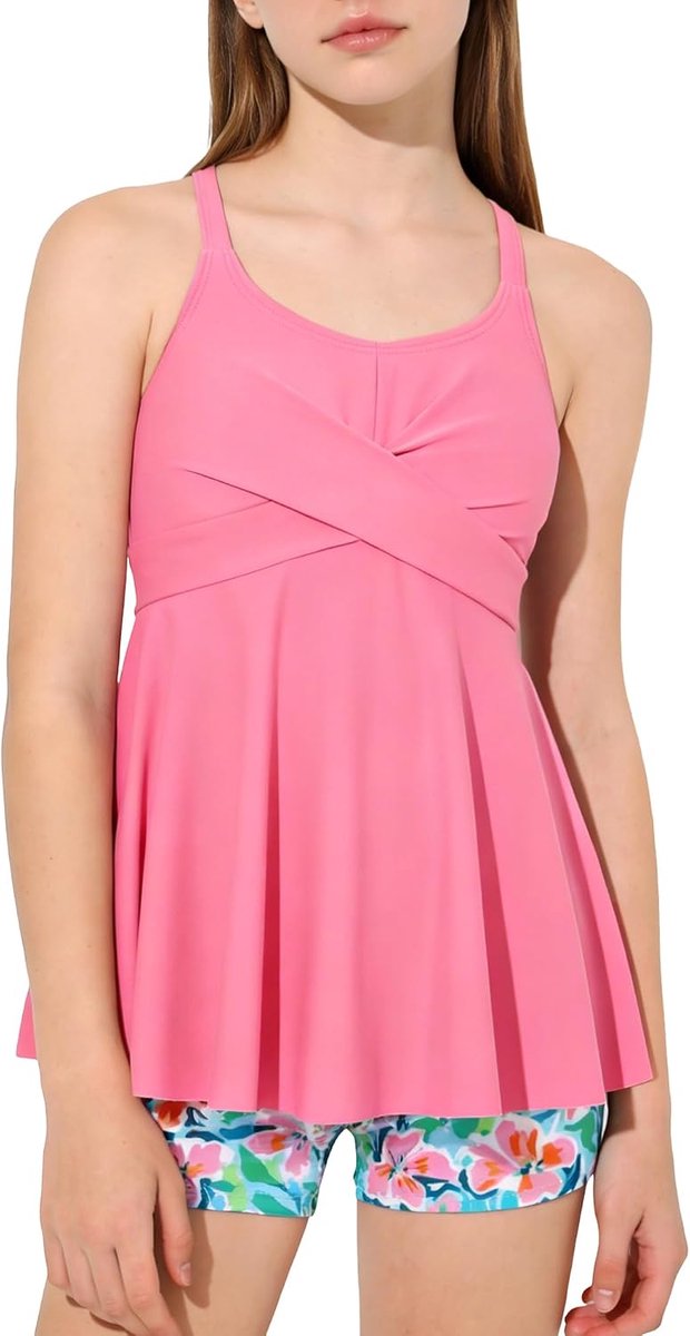 2-delig tankini badpak voor meisjes, gekruiste rok met gevoerde zwemshorts voor kinderen, badmode, tieners, zwemshirt, 7-16 jaar