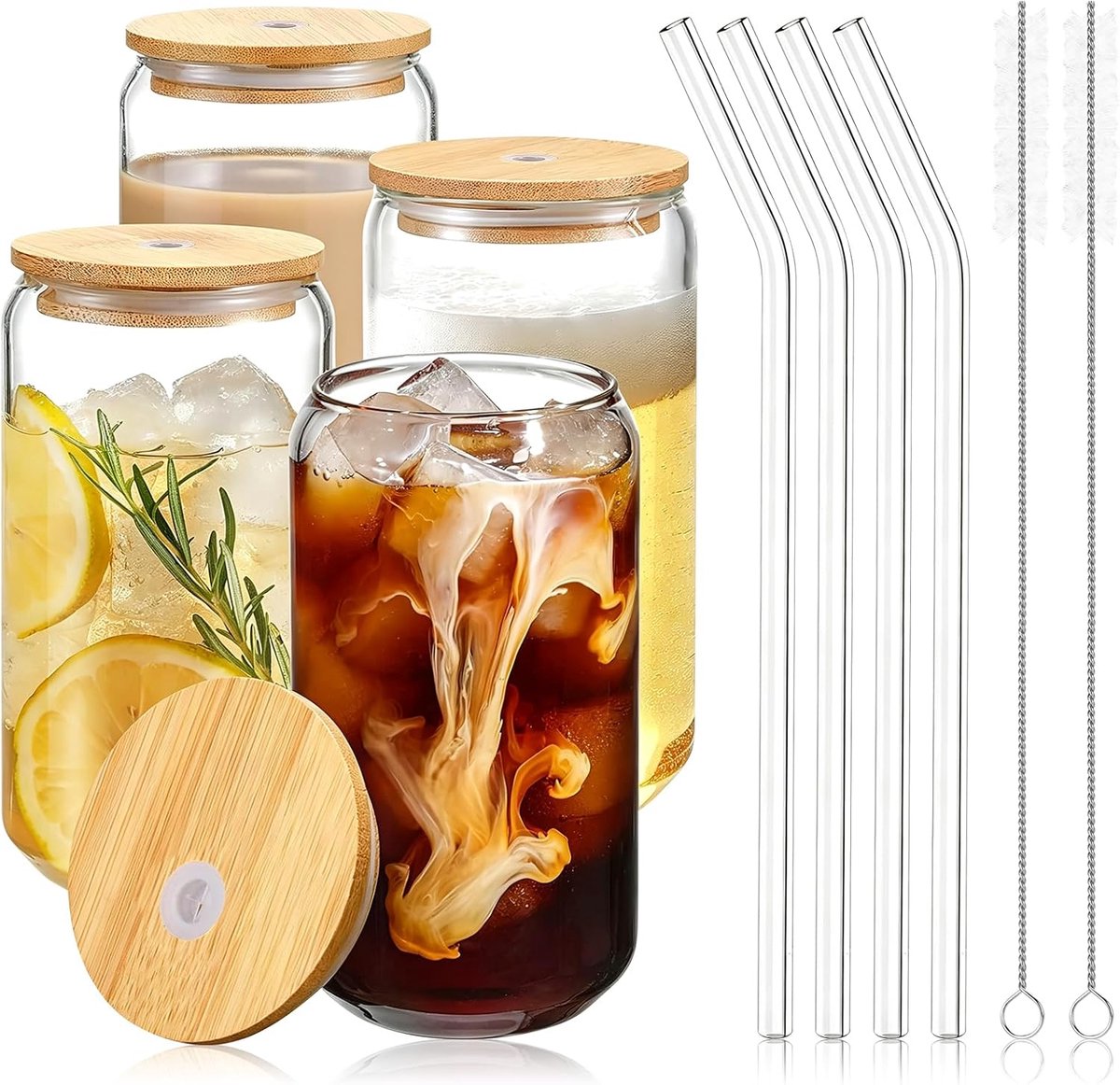 set, 4 stuks, 500 ml, met rietje en deksel, latte macchiato glazen, ijskoffie en matcha glas, incl. 2 reinigingsborstels