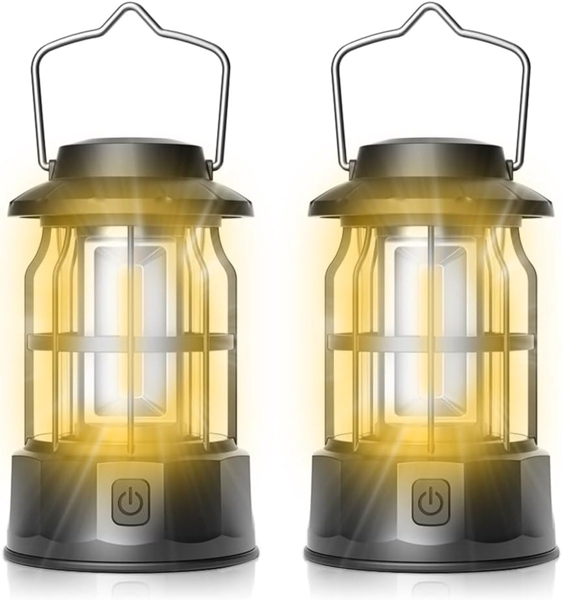 Kampeerlamp, draagbaar, 2 stuks kampeerlamp op batterijen, IPX4 waterdicht kampeerlantaarn met traploos dimbaar, retro kampeerlantaarn accu voor vissen, avontuur, wandelen, noodgevallen
