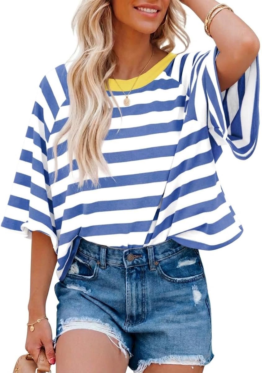 Zomer-T-shirt voor dames, extra groot, gestreept, ronde hals, informeel, korte mouwen