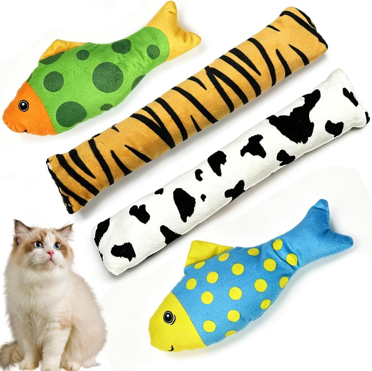 Kattenspeelgoed met kattenkruiden, zacht pluche kattenspeelgoed met kattenkruid en PP-katoenen vulling, interactief huisdierspeelgoed voor schone tanden (2 stuks vis + 2 stuks kussenspeelgoed