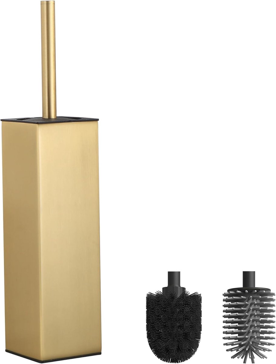 Toiletborstel goud met 2 borstels - Metalen vrijstaande toiletborstel - Duurzaam en stabiel - Voor een frisse badkamer - ShopVlot