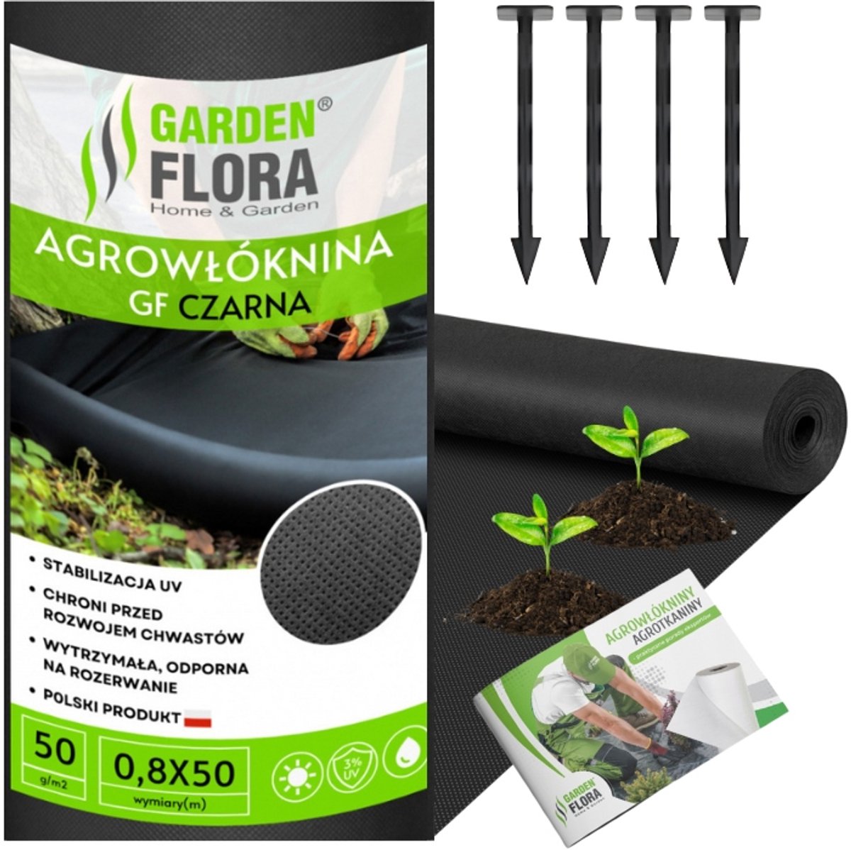 Zwarte Agroweven 0,8x50m 50g/m² met 100 Worteldoekpennen