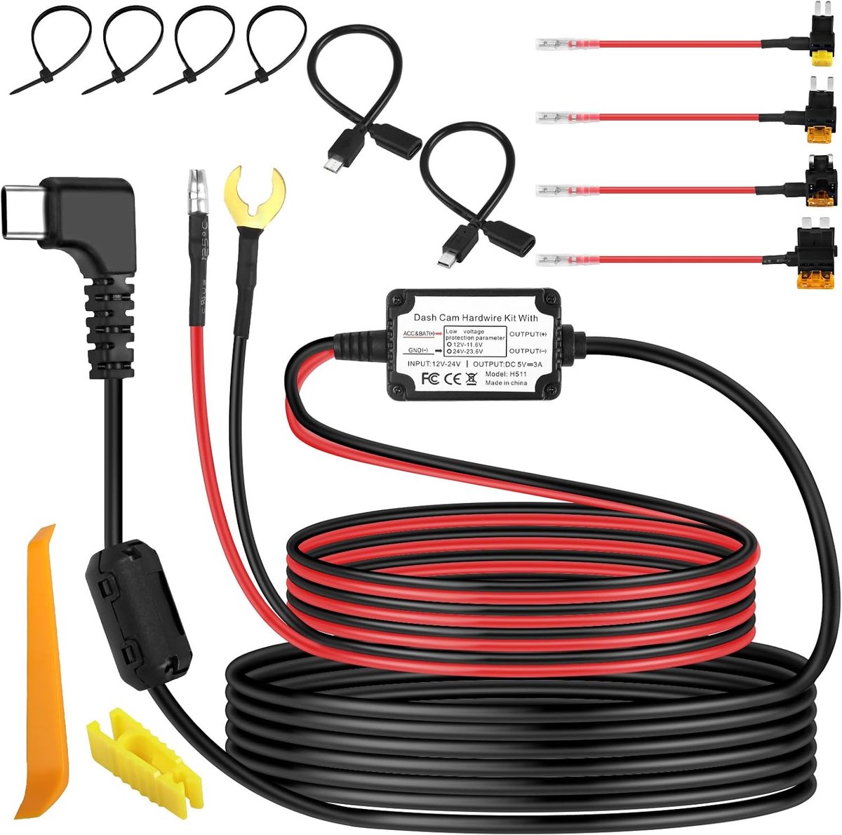 SnelShoppen - Dash Cam Hardwire Kit USB Type-C Adapter Micro/Mini USB Voeding Kabel 12V-24V naar 5V met 4 Fuse Tap Kabel en Tool voor GPS Navigatie Ra